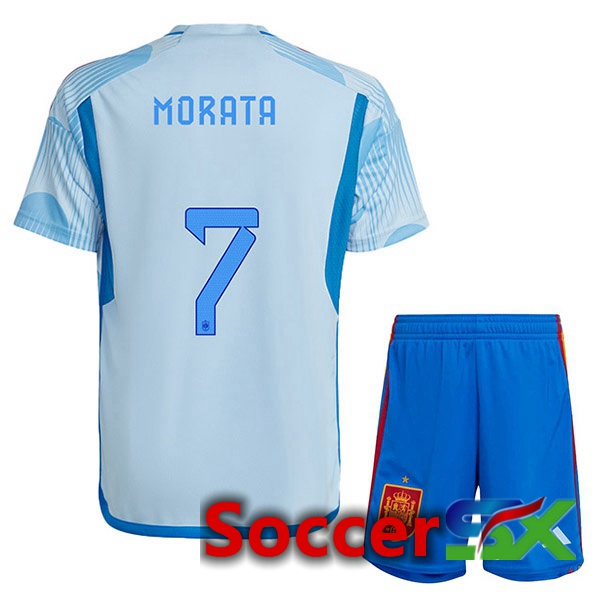 Spain (MORATA 7) Kids Away Jersey Blue White World Cup 2022