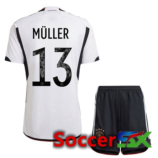 Germany (M脺LLER 13) Kids Home Jersey Black White World Cup 2022