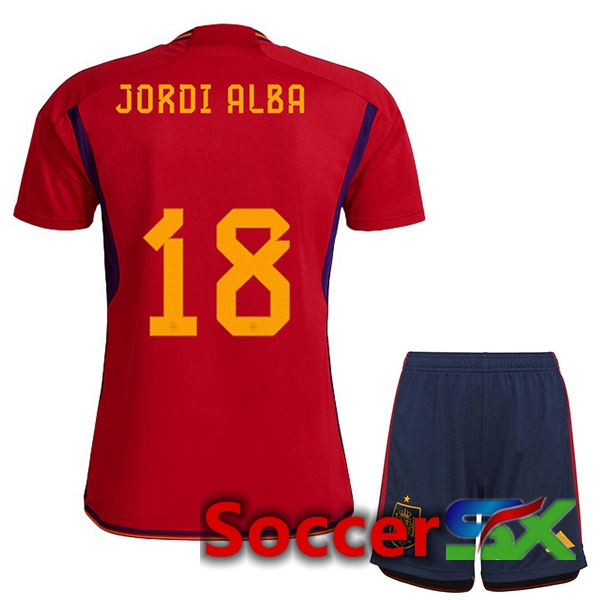 Spain (JORDI ALBA 18) Kids Home Jersey Red 2023/2023