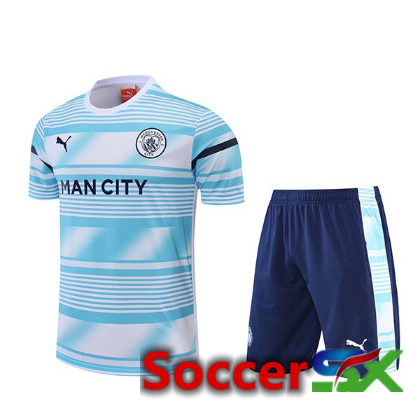 Manchester City Training T Shirt + Shorts White Blue 2022/2023