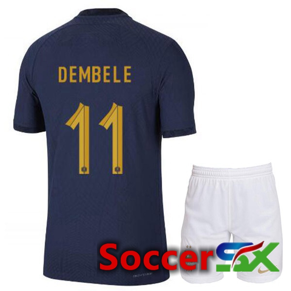 France (DEMBELE 11) Kids Home Jersey Royal Blue World Cup 2022