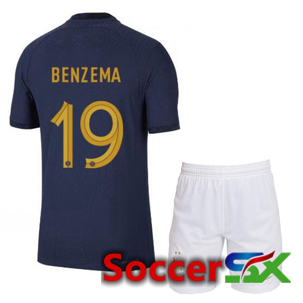 France (BENZEMA 19) Kids Home Jersey Royal Blue World Cup 2022