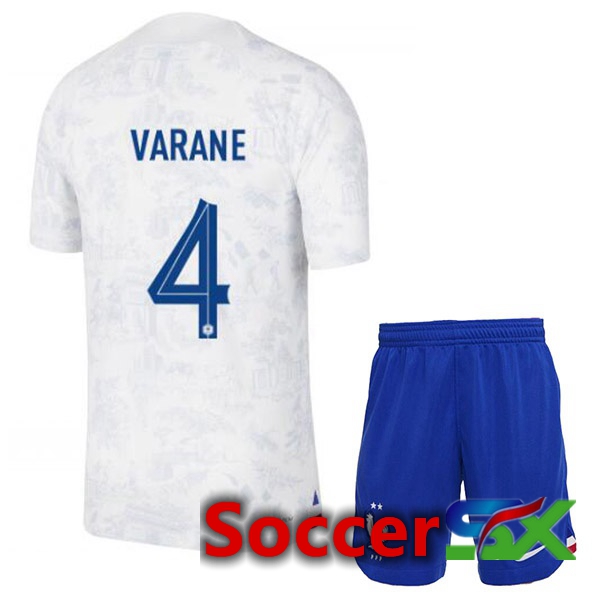 France (VARANE 4) Kids Away Jersey White World Cup 2022