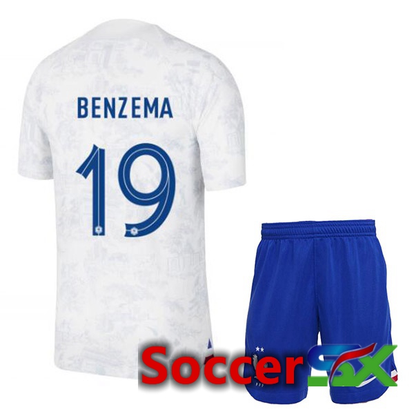 France (BENZEMA 19) Kids Away Jersey White World Cup 2022