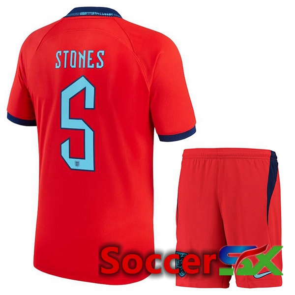England (STONES 5) Kids Away Jersey Red World Cup 2022