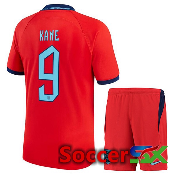 England (KANE 9) Kids Away Jersey Red World Cup 2022