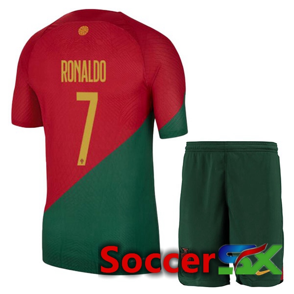 Portugal (RONALDO 7) Kids Home Jersey Red Green World Cup 2022