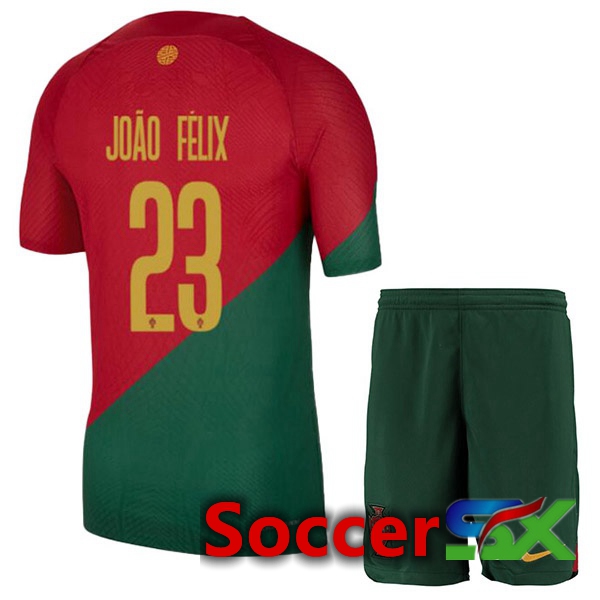 Portugal (JO脙O F脡LIX 23) Kids Home Jersey Red Green World Cup 2022