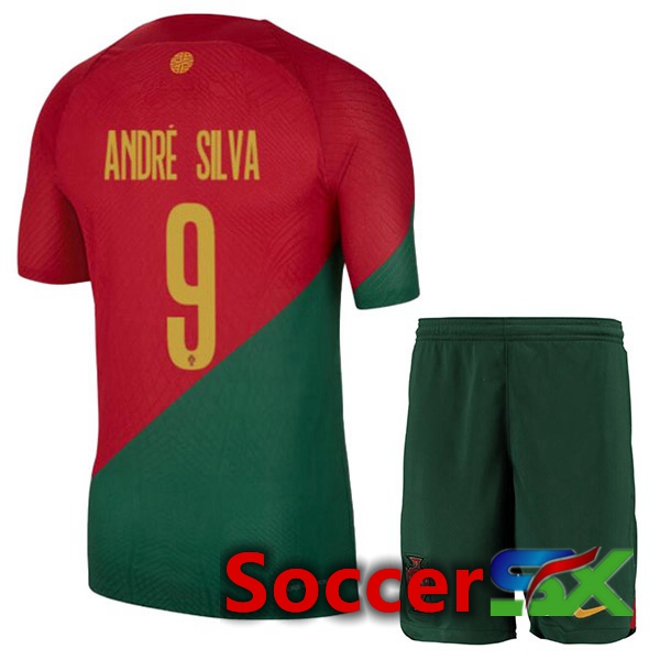 Portugal (ANDR脡 SILVA 9) Kids Home Jersey Red Green World Cup 2022