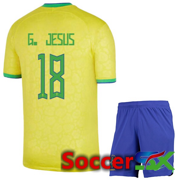 Brazil (G. JESUS 18) Kids Home Jersey Yellow World Cup 2022