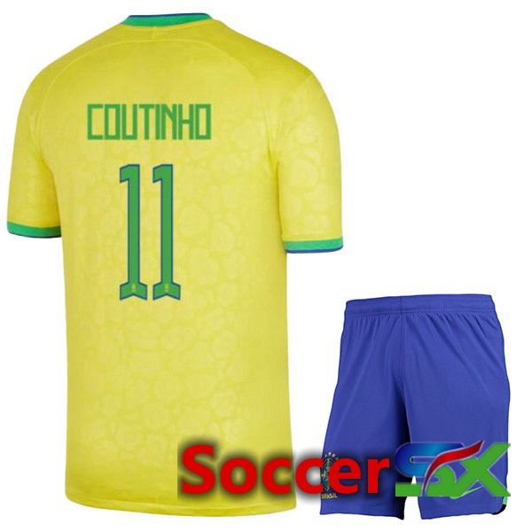 Brazil (COUTINHO 11) Kids Home Jersey Yellow World Cup 2022