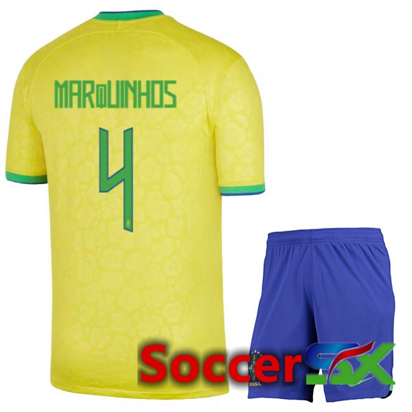Brazil (MARQUINHOS 4) Kids Home Jersey Yellow World Cup 2022