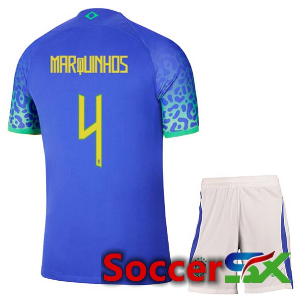 Brazil (MARQUINHOS 4) Kids Away Jersey Blue World Cup 2022