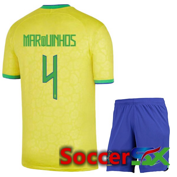 Brazil (MARQUINHOS 4) Kids Home Jersey Yellow 2023/2023